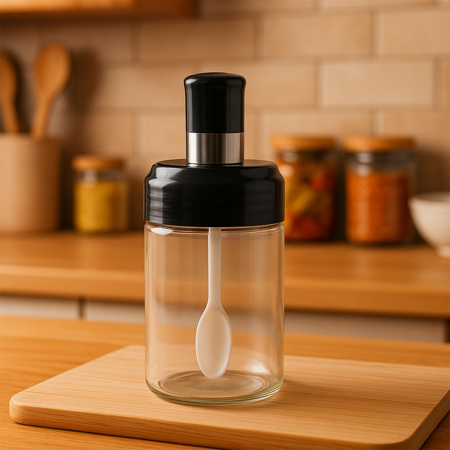Clear Glass Spice Jar With Integrated Spoon Airtight Lid (250ml Approx)