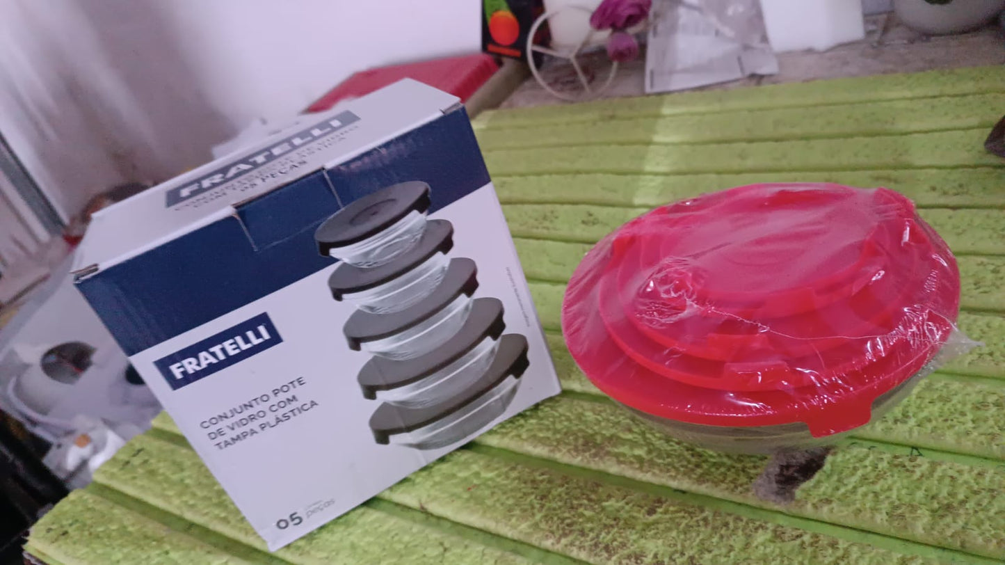 Modern Glass Bowl Set Mixing Storage Bowls With Red Lids (5 Pcs Set)