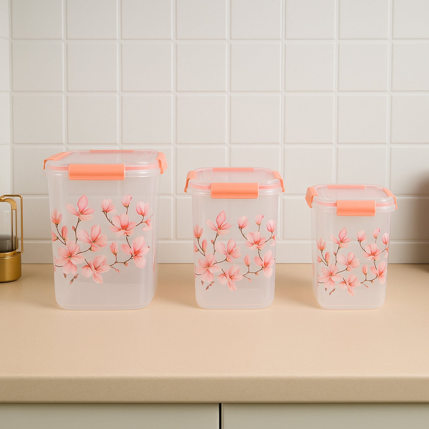 Square 3 Pcs Floral Printed Airtight Storage Container Set Approx 2.8 Ltr 4.5 Ltr 6.9 Ltr (3 Pcs Set)