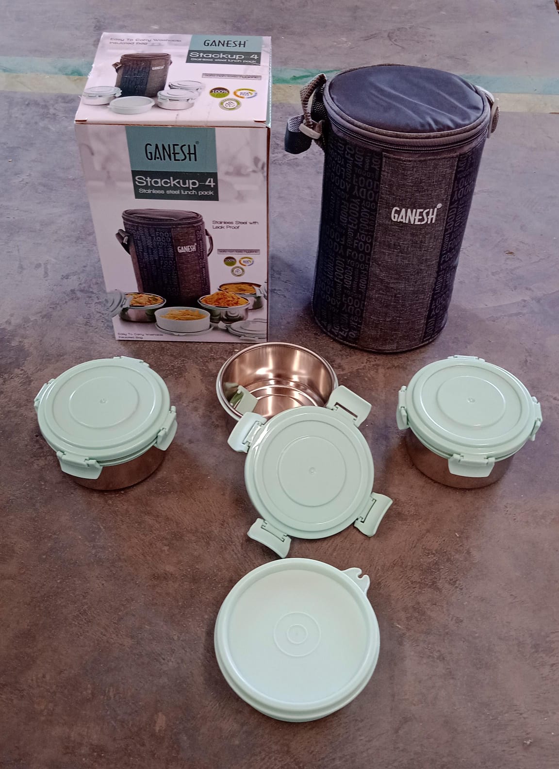 8717 4in1tiffin Box-lunch Box 3 Stainless Steel Containers 300 Ml Approx Plastic Salad Container 200 Ml Approx Plastic Lid Box Round Zip Bag Leak Proof Microwave Safefor Office College And School For Men Women