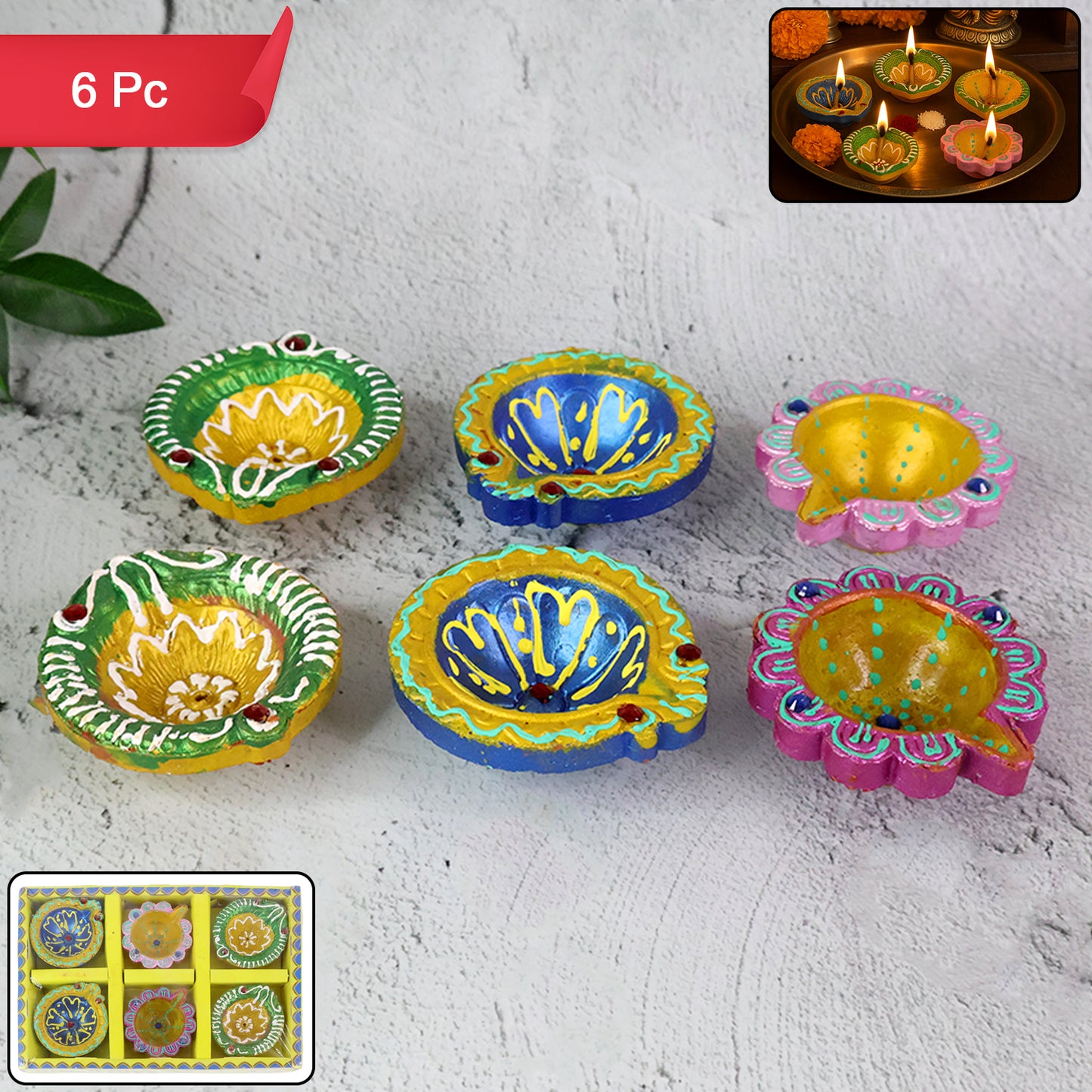 Decorative Hand-painted Clay Diya Set (6 Pc)