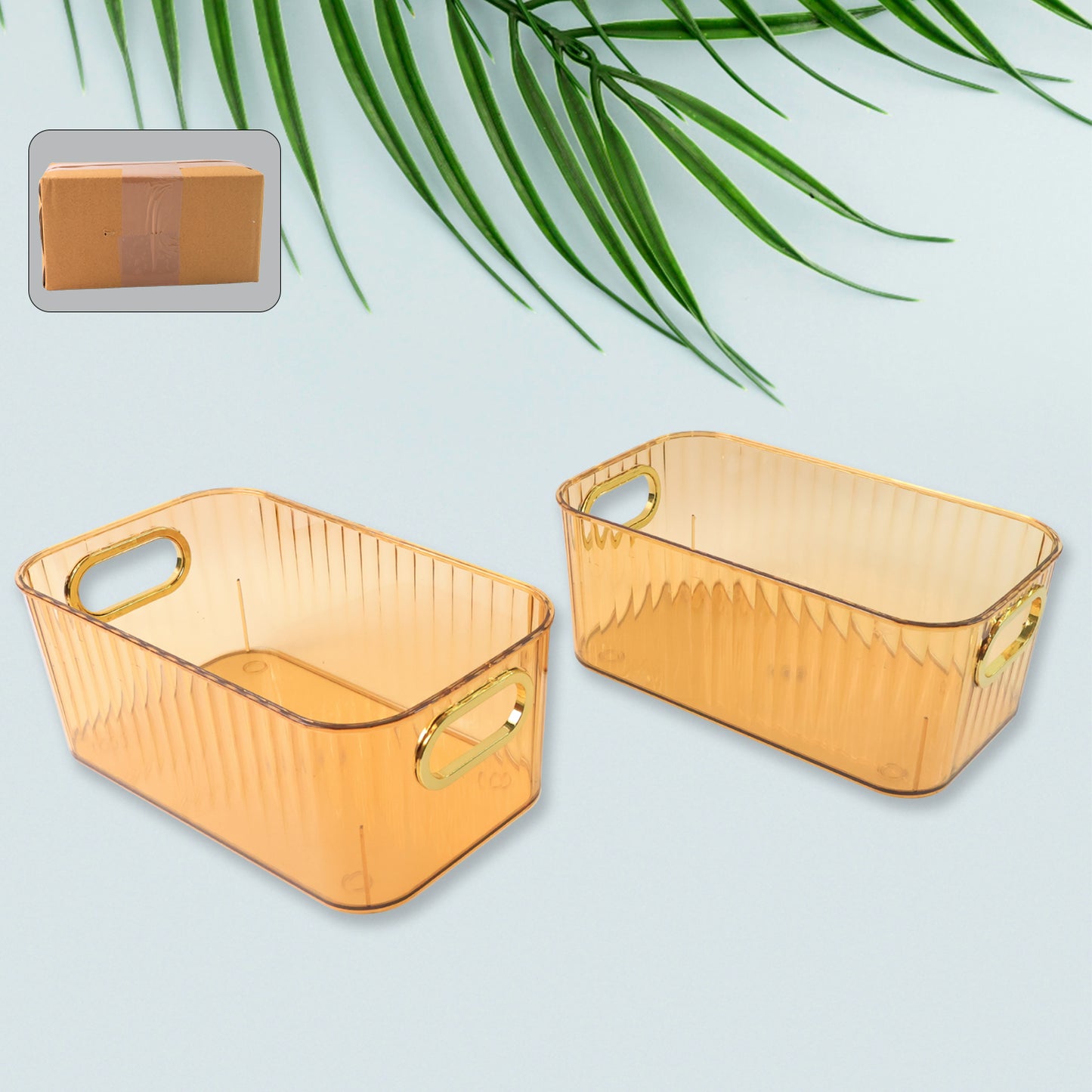 Premium Ribbed Transparent Storage Basket With Gold Handle Multipurpose Kitchen Amp Home Organizer Box (25x14cm 2 Pc)