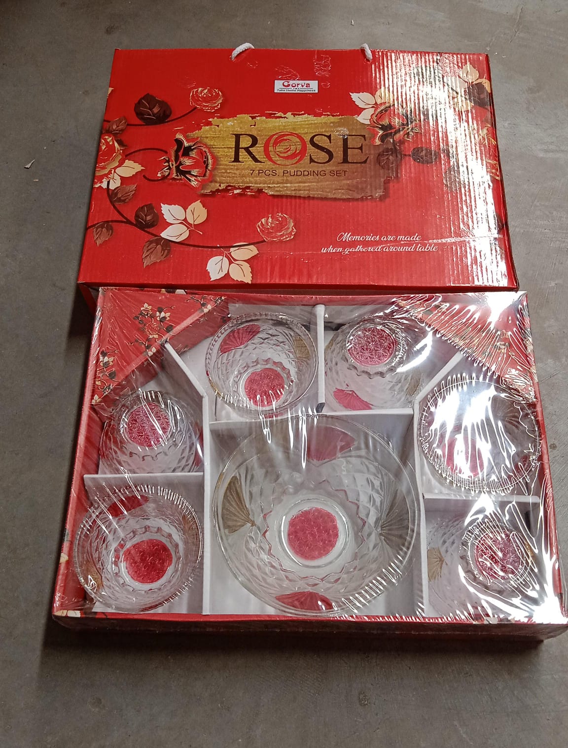 8234 Rose Glass Multipurpose Pudding Dessert Ice Cream Bowl Set For Home Use Home Kitchen Serving Bowl For Sundae Sweets Snacks Fruit Pudding Nuts Or Dip Serving Bowls 6 Medium 1 Big Bowl (Set Of 7 Pc)