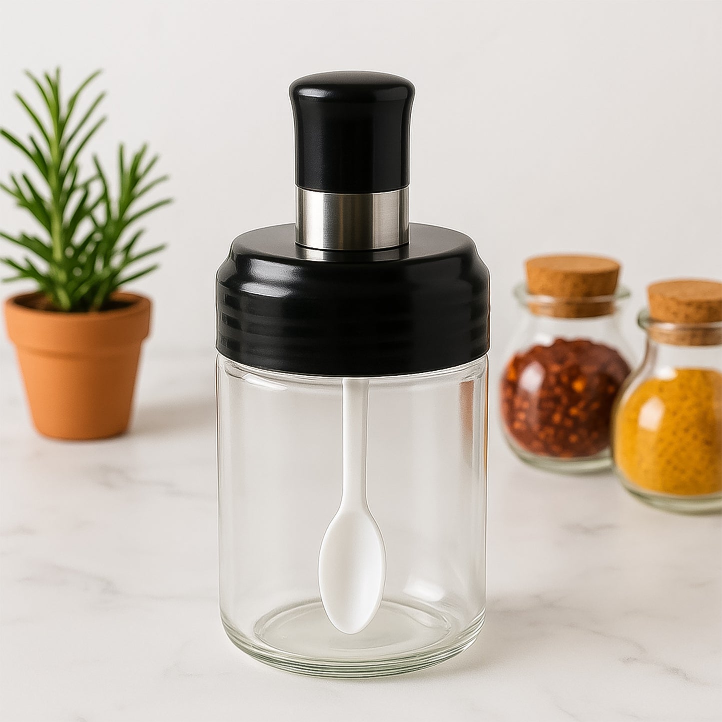 Clear Glass Spice Jar With Integrated Spoon  Airtight Lid (250ml Approx)