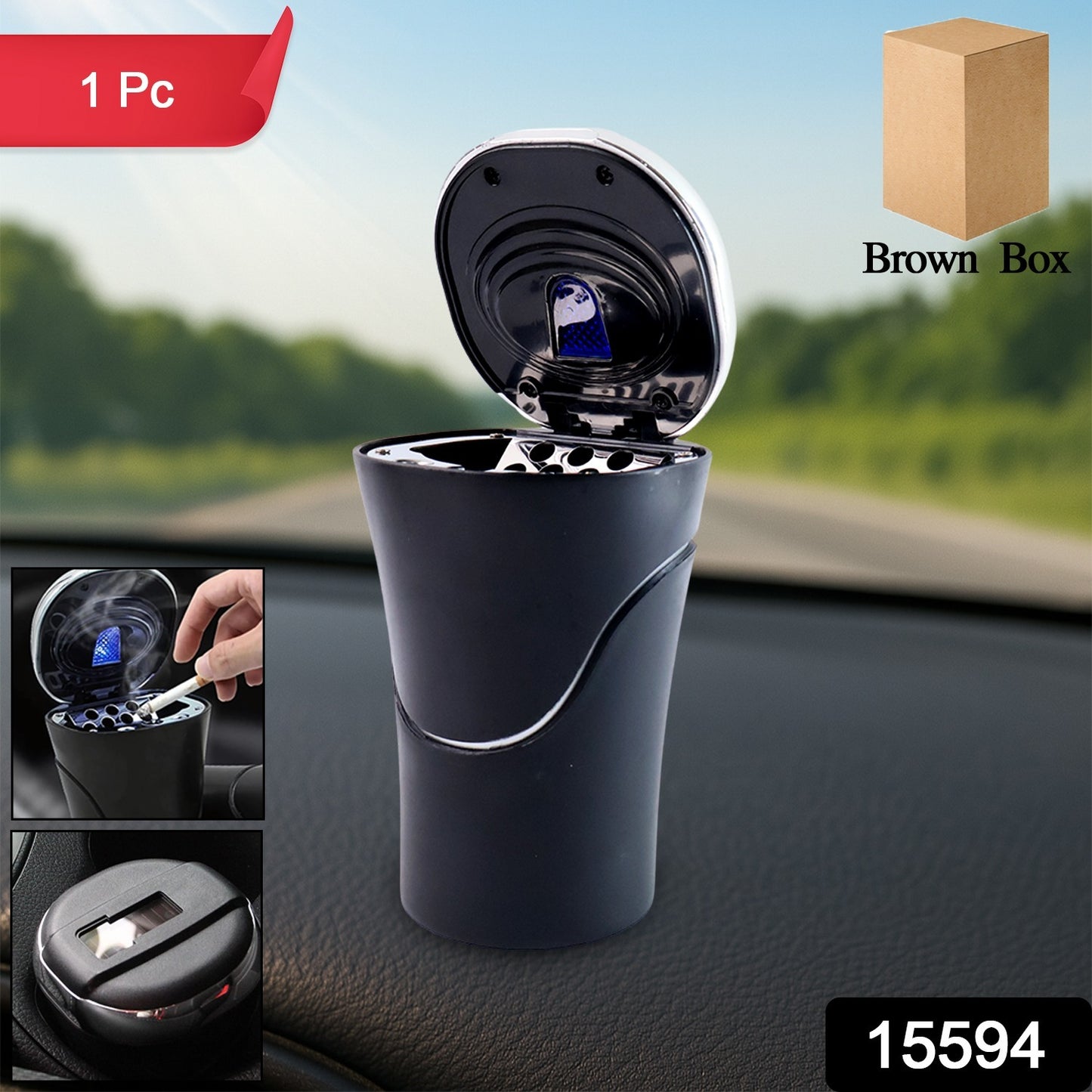 Solar Powered Led Car Ashtray With Flip Lid (1 Pc)