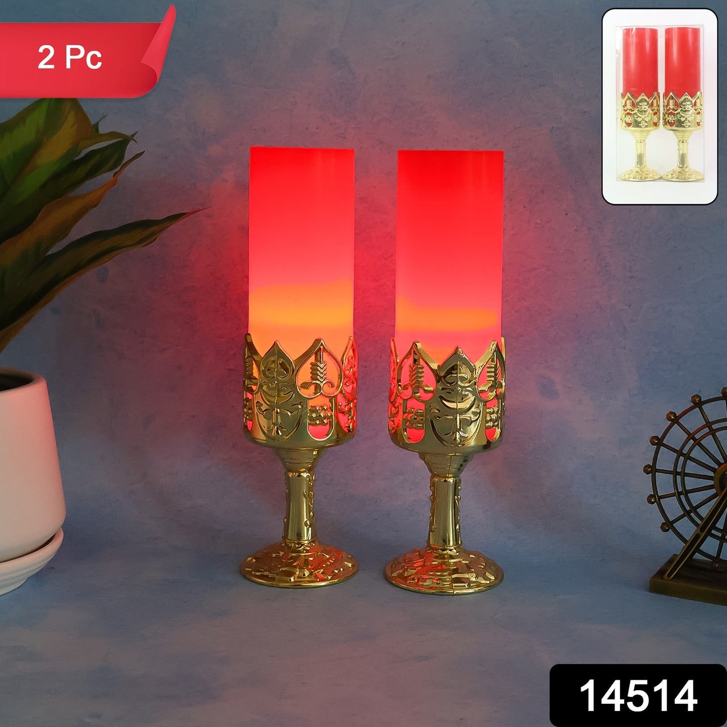 Decorative Led Candle Light Lamps With Golden Stand  (2 Pc)
