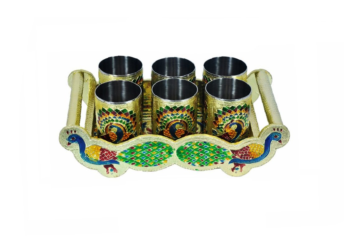 2125 Peacock Design Glass With Handle And Handicraft Serving Tray Set