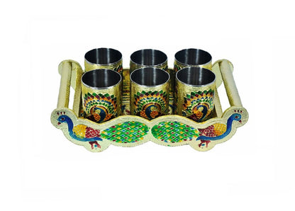 2125 Peacock Design Glass With Handle And Handicraft Serving Tray Set