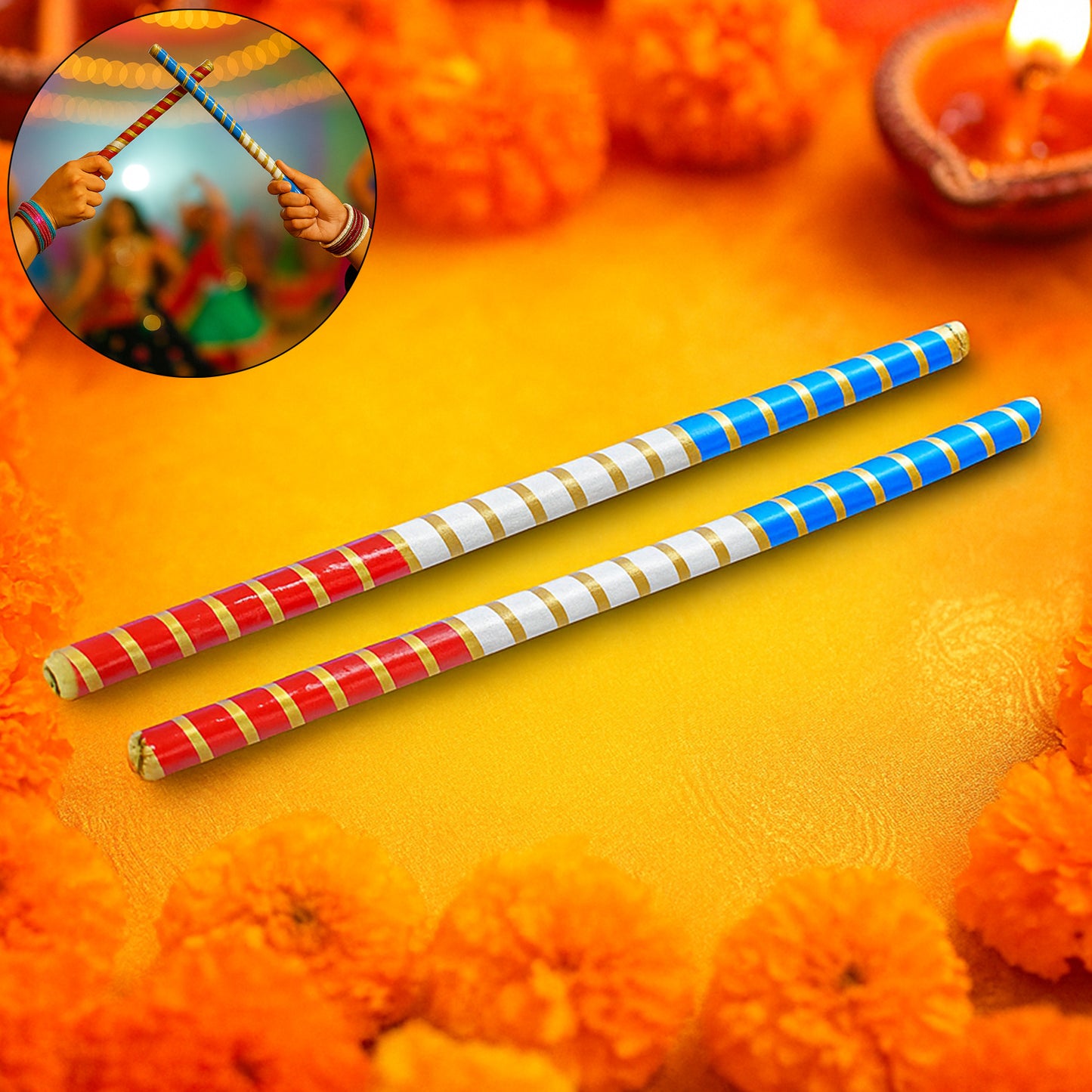 Traditional Decorative Dandiya Sticks Pair For Navratri Garba (2 Pc)