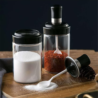 Clear Glass Spice Jar With Integrated Spoon  Airtight Lid (250ml Approx)