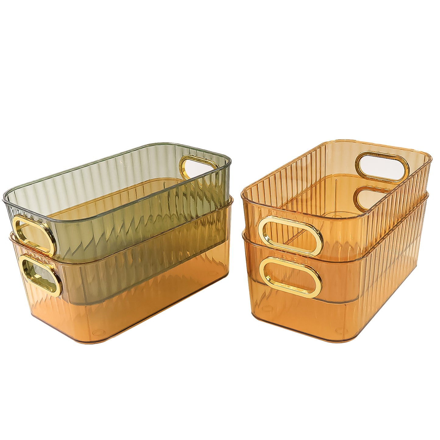 Premium Ribbed Transparent Storage Basket With Gold Handle  Multipurpose Kitchen Amp Home Organizer Box (25x14cm  4 Pc)