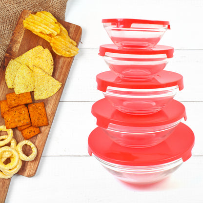 Modern Glass Bowl Set Mixing  Storage Bowls With Red Lids (5 Pcs Set)