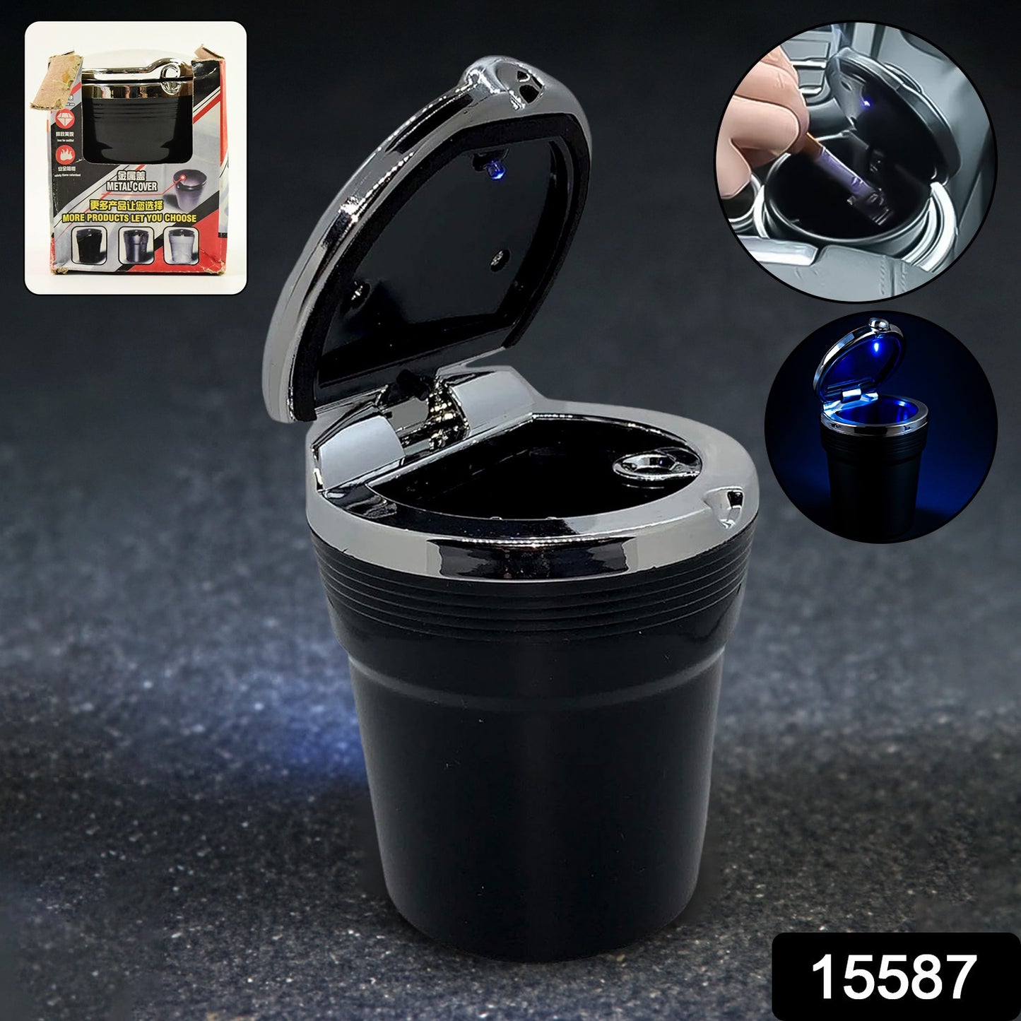 Premium Led Illuminated Portable Car Ashtray With Lid (1 Pc)
