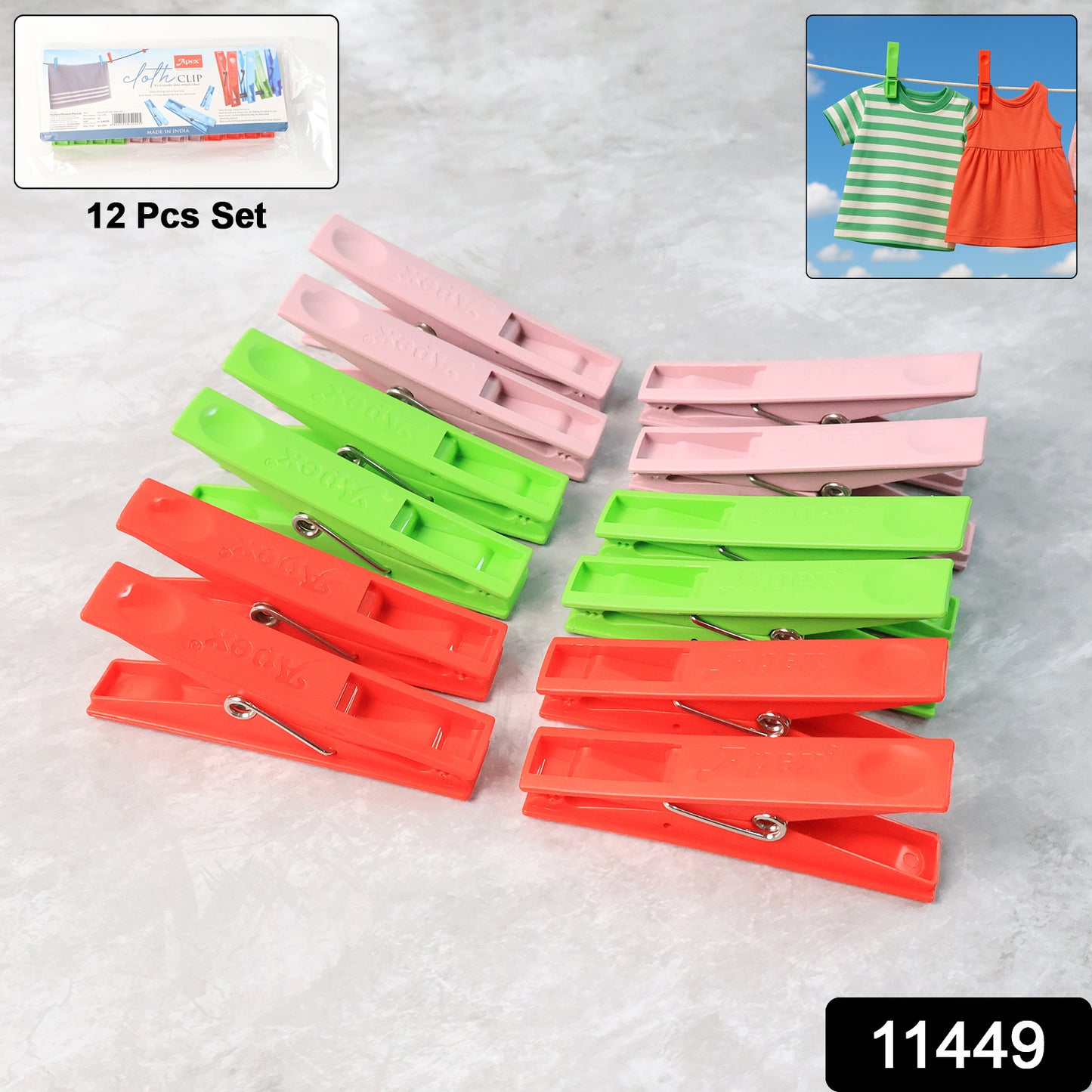Durable Cloth Clips Set Of 12  Strong Grip Plastic Laundry Pegs With Stainless Steel Spring