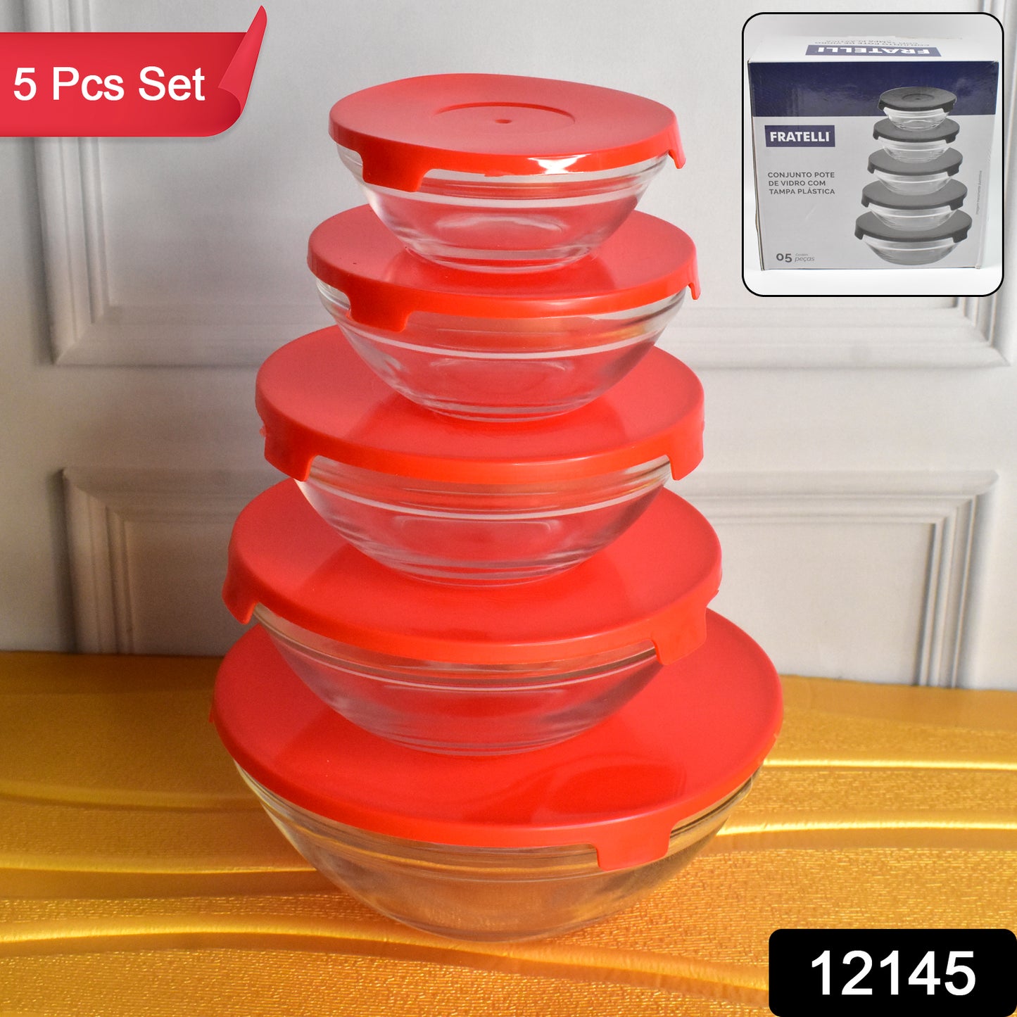Modern Glass Bowl Set Mixing  Storage Bowls With Red Lids (5 Pcs Set)