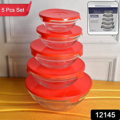 Modern Glass Bowl Set Mixing  Storage Bowls With Red Lids (5 Pcs Set)