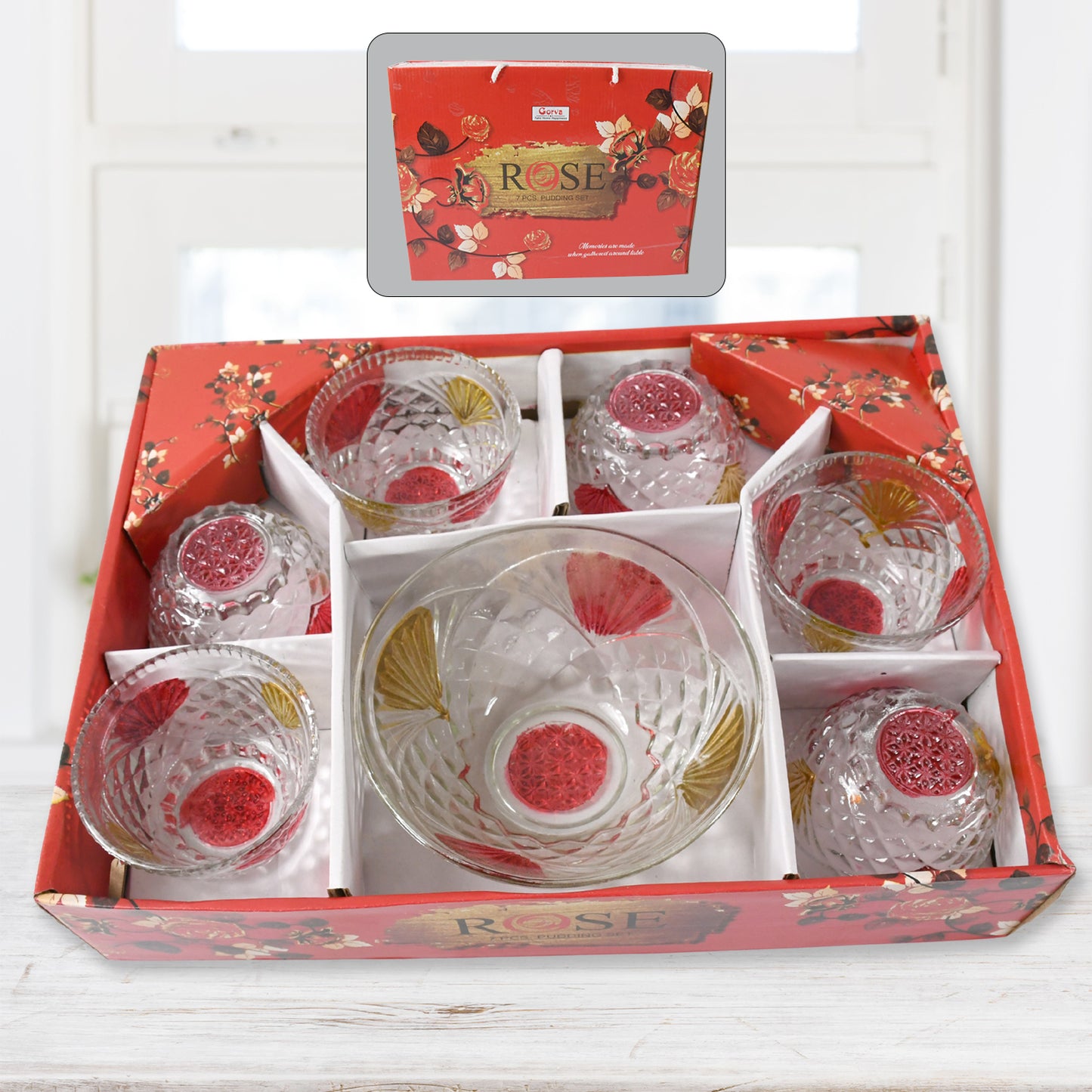 8234 Rose Glass Multipurpose Pudding  Dessert  Ice Cream Bowl Set For Home Use Home  Kitchen Serving Bowl For Sundae Sweets Snacks Fruit Pudding Nuts Or Dip Serving Bowls 6 Medium  1 Big Bowl (Set Of 7 Pc)