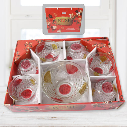 8234 Rose Glass Multipurpose Pudding  Dessert  Ice Cream Bowl Set For Home Use Home  Kitchen Serving Bowl For Sundae Sweets Snacks Fruit Pudding Nuts Or Dip Serving Bowls 6 Medium  1 Big Bowl (Set Of 7 Pc)