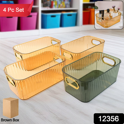 Premium Ribbed Transparent Storage Basket With Gold Handle  Multipurpose Kitchen Amp Home Organizer Box (25x14cm  4 Pc)