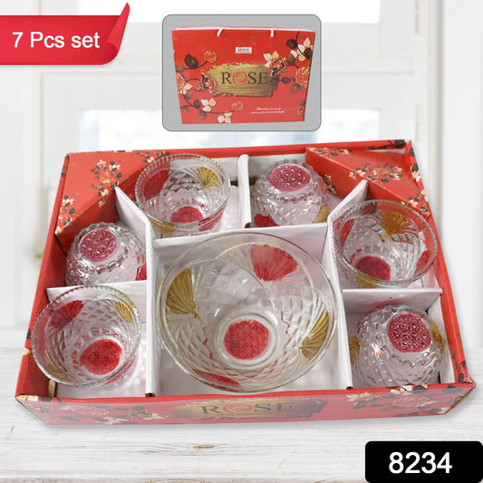8234 Rose Glass Multipurpose Pudding  Dessert  Ice Cream Bowl Set For Home Use Home  Kitchen Serving Bowl For Sundae Sweets Snacks Fruit Pudding Nuts Or Dip Serving Bowls 6 Medium  1 Big Bowl (Set Of 7 Pc)
