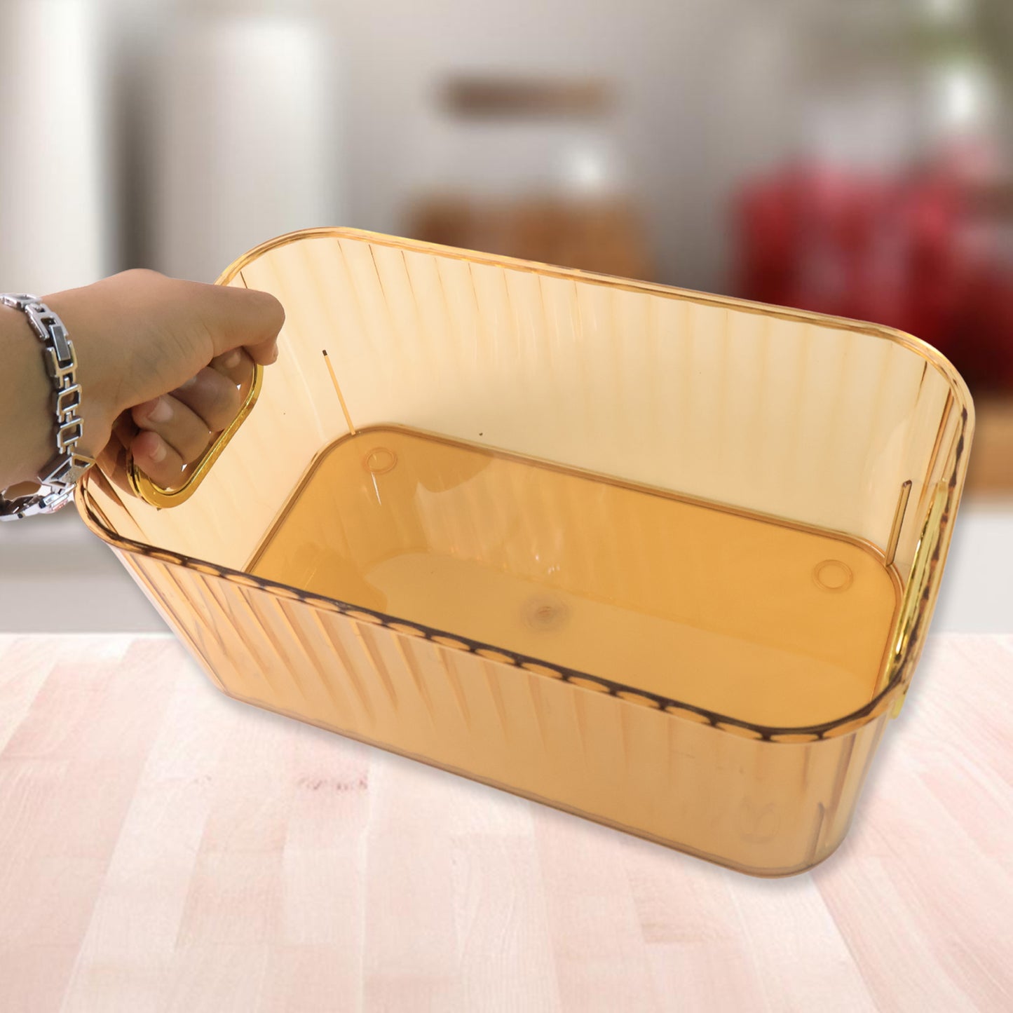 Premium Ribbed Transparent Storage Basket With Gold Handle  Multipurpose Kitchen Amp Home Organizer Box (25x14cm  2 Pc)