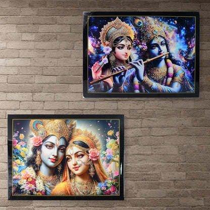 Lord Krishna And Radha Wall Painting With Wooden Frame 60x45 Cm Approx (1 Pc  Mix Design)