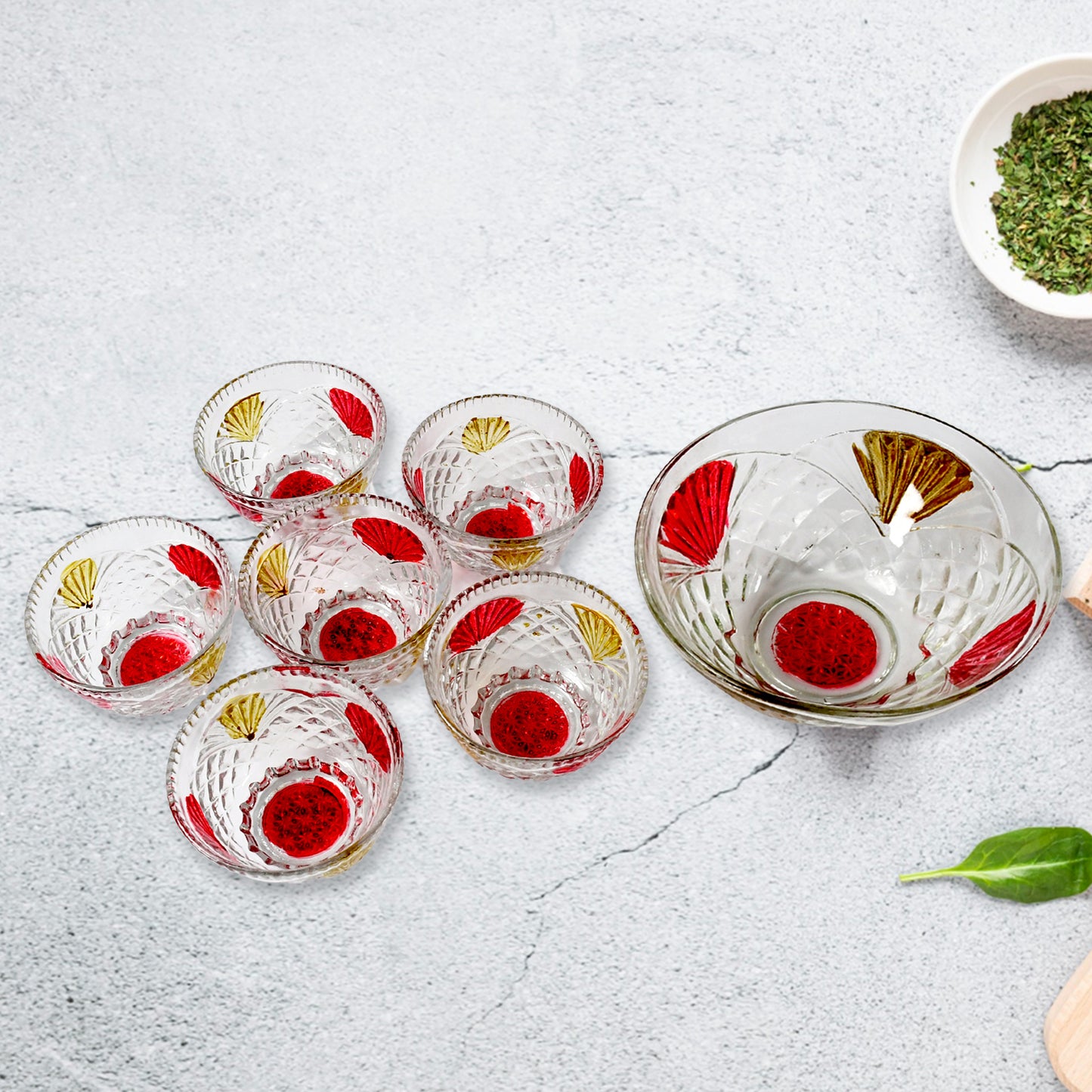 8234 Rose Glass Multipurpose Pudding  Dessert  Ice Cream Bowl Set For Home Use Home  Kitchen Serving Bowl For Sundae Sweets Snacks Fruit Pudding Nuts Or Dip Serving Bowls 6 Medium  1 Big Bowl (Set Of 7 Pc)