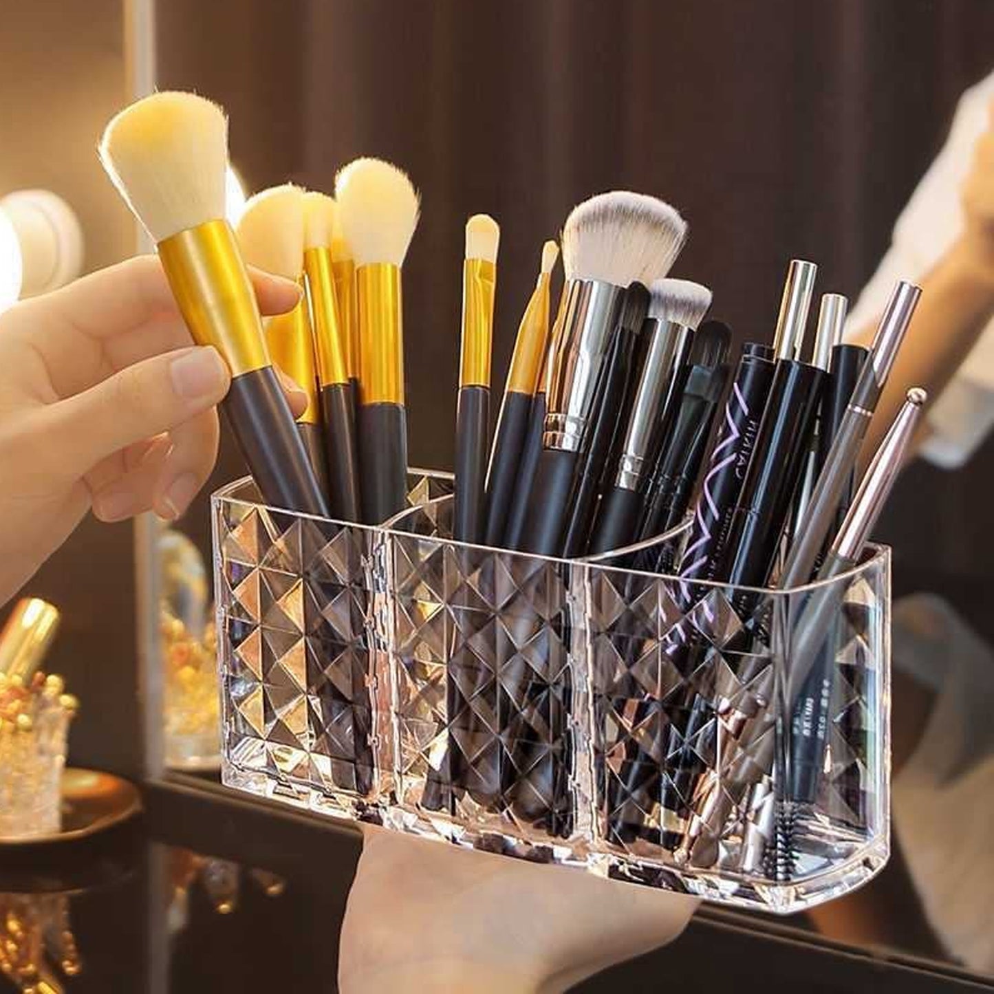 Elegant Crystal-effect 3-compartment Acrylic Makeup Brush Holder (1 Pc)