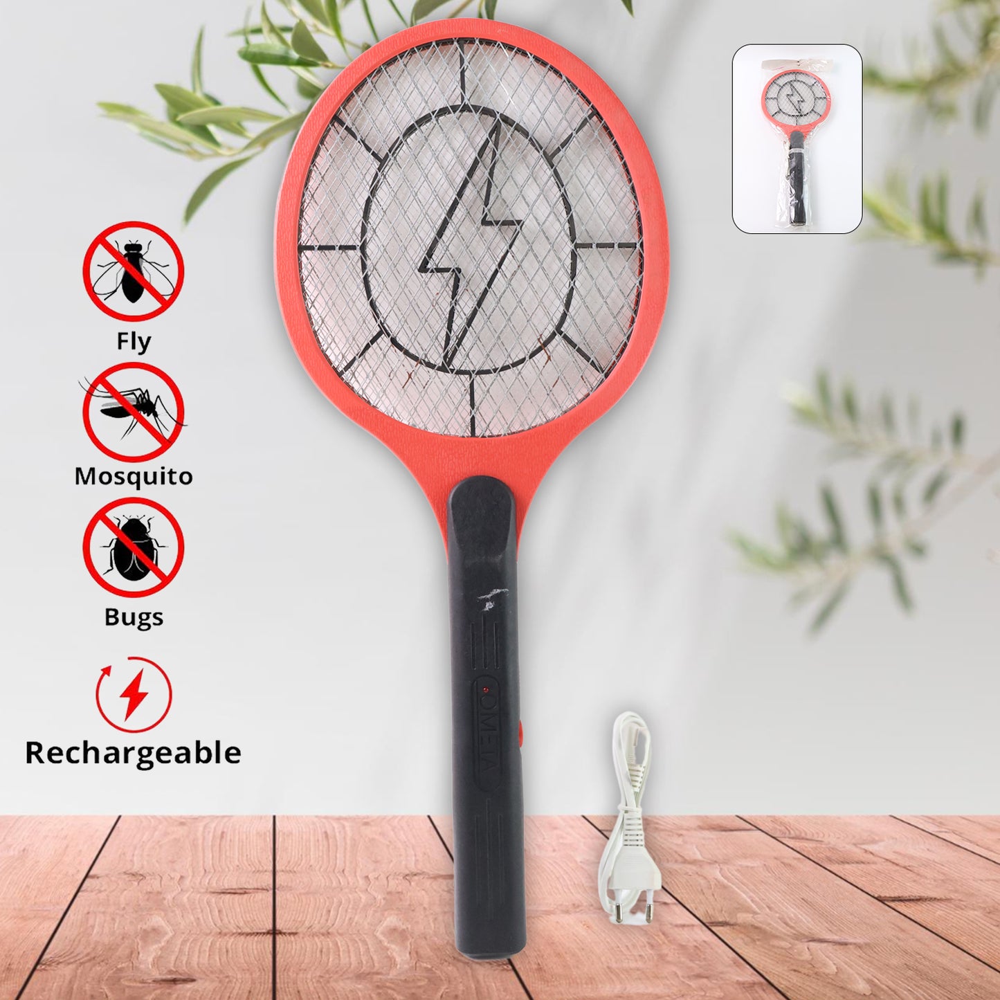 Red Rechargeable Electric Mosquito Killer Racket With Cable
