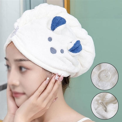 Soft Microfiber Hair Drying Towel Wrap With Cute Animal Ears  Button Closure (1 Pc)